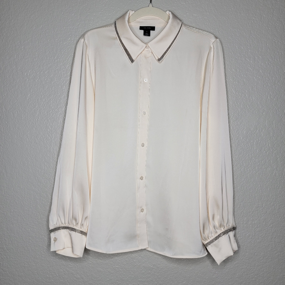 Halogen Women's Antique White Beaded Double Collar Button-Up Shirt Size Large